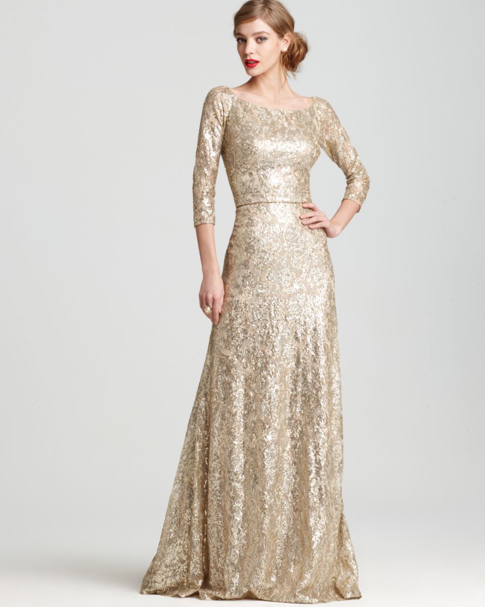 David Meister NEW Gold Lace Metallic Sequined 3/4 Sleeves Formal Dress ...