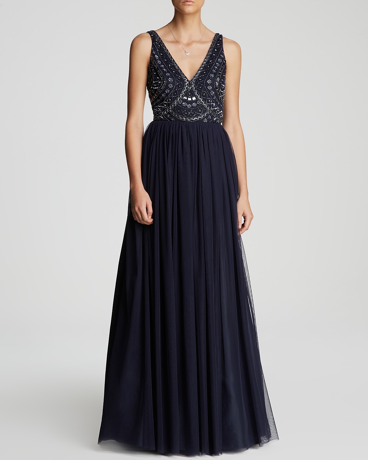 Aidan Mattox Gown - Sleeveless V-Neck Beaded Bodice Tulle Skirt | Bloomingdale's