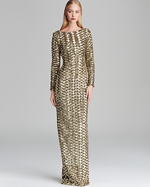 Badgley Mischka Metallic Sequin Scoop Back Gown