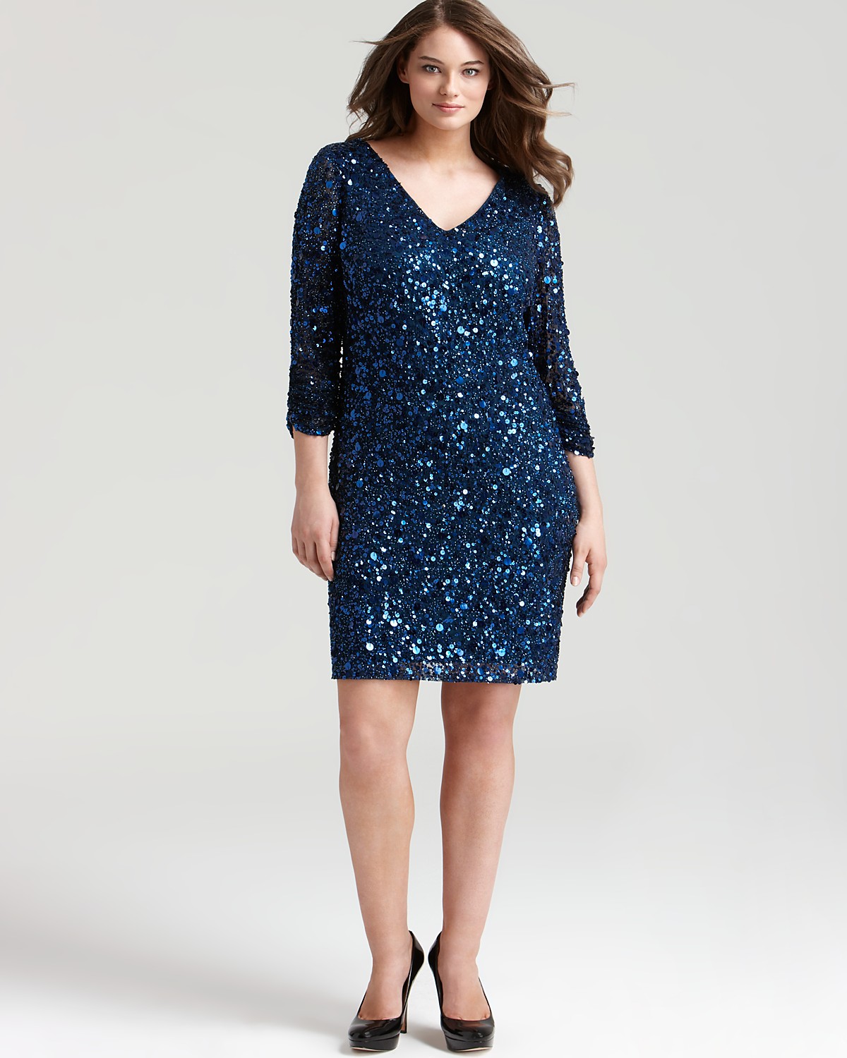 Aidan Mattox Plus Sequin Dress - Long Sleeve V Neck | Bloomingdale's