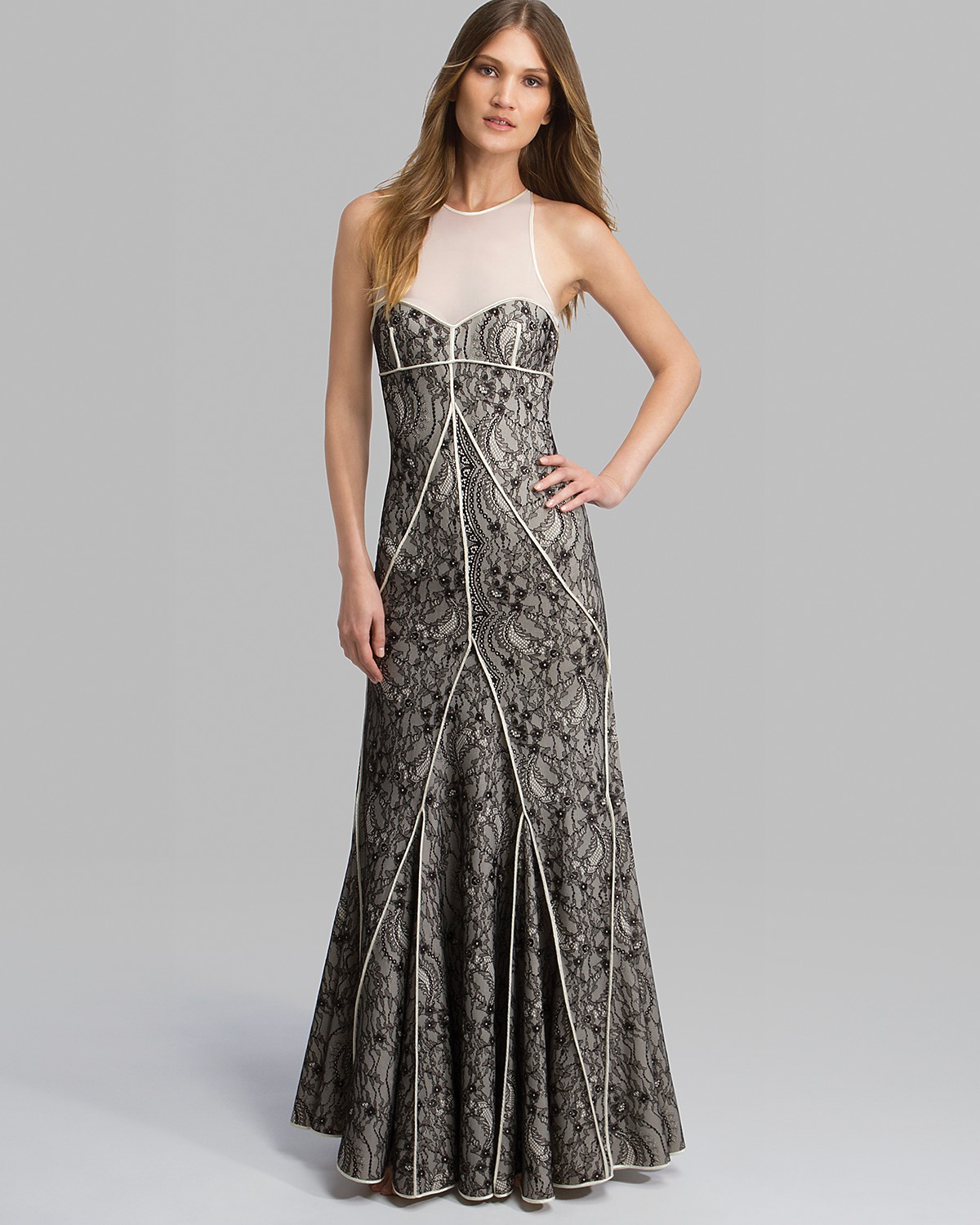 HALSTON HERITAGE Gown - Sleeveless Lace Knit Contrast Trim | Bloomingdale's