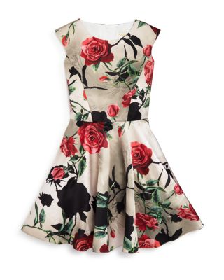 David Charles Girls' Rose Print Dress - Sizes 7-16