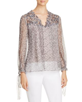 Elie Tahari Brunella Lace Yoke Floral Silk Blouse