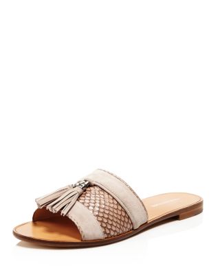 Pour La Victoire Lake Snake Embossed Tassel Slide Sandals