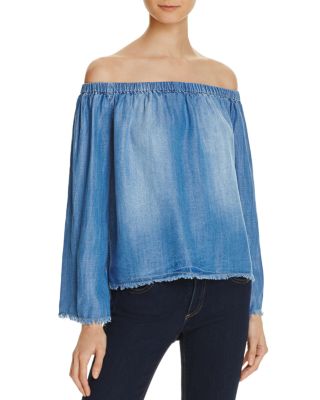 Bella Dahl Frayed Off-The-Shoulder Chambray Shirt