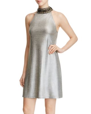 Design History Embellished Mock Neck Metallic Dress