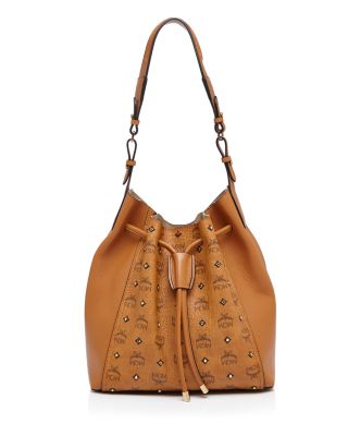 MCM Gold-Tone Stud Visetos Drawstring Shoulder Bag