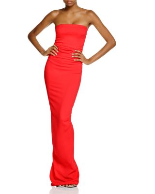 nicole bakti strapless ruffle back gown