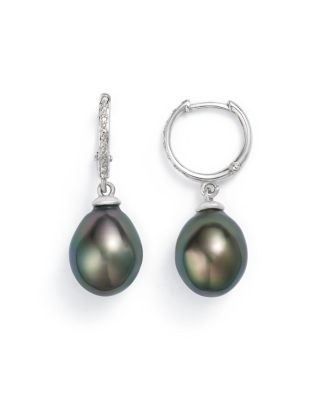 Tara Pearls 14K White Gold Natural Color Tahitian Cultured Pearl Hoop Drop Earrings