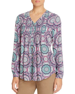 Foxcroft Medallion Print Pintuck High Low Blouse