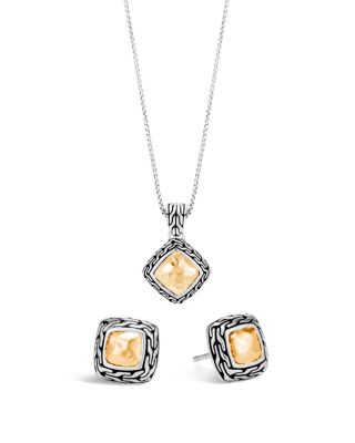 John Hardy 18K Gold & Sterling Silver Classic Chain Heritage Earrings & Pendant Necklace Gift Box Set