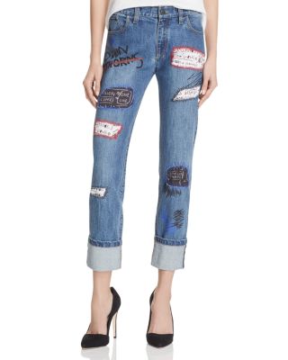 Alice and Olivia Hanna Rolled-Cuff Patchwork Jeans in Vintage Wash