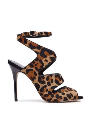 REISS Monda Leopard Print Calf Hair Curved Ankle Strap High Heel Sandals