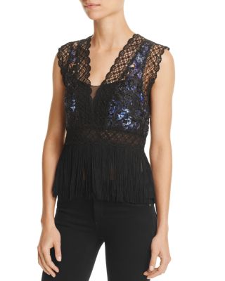 Elie Tahari Aaliyah Fringe-Trim Lace Blouse