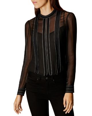 KAREN MILLEN Lace Trim Sheer Blouse