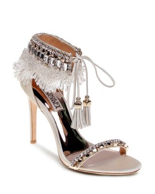 BADGLEY MISCHKA KATRINA EMBELLISHED SATIN ANKLE TIE HIGH-HEEL SANDALS,MP3735