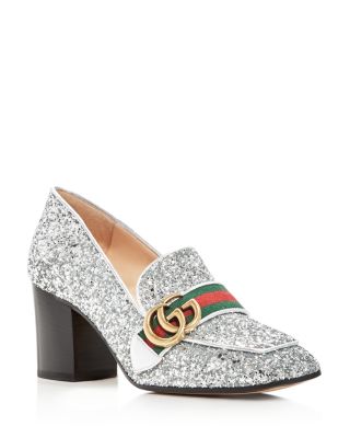 GUCCI PEYTON GLITTER BLOCK HEEL LOAFERS,476662KSPB0