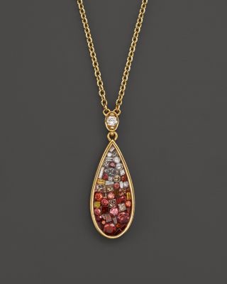 Plevé 18K Yellow Gold Raspberry Ombre Mosaic Teardrop Pendant Necklace with Diamonds, 15.5