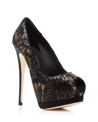 Giuseppe Zanotti Sharon Sequin Lace Peep Toe Platform Pumps