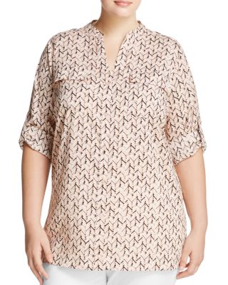 Calvin Klein Plus Herringbone Print Roll Sleeve Shirt