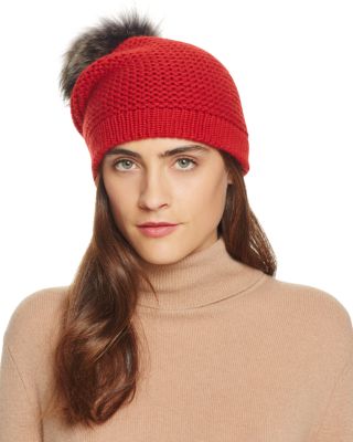 Bettina Rice Stitch Slouchy Hat with Asiatic Raccoon Fur Pom-Pom