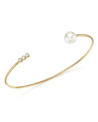 Zoë Chicco 14K Yellow Gold Slender Cuff Bracelet with Bezel Set Diamonds and Freshwater Cultured Pearl