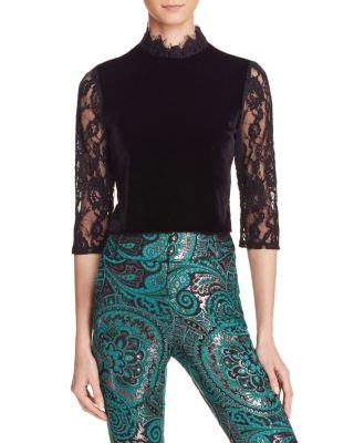 Alice and Olivia Jenny Mock Neck Lace Velvet Crop Top