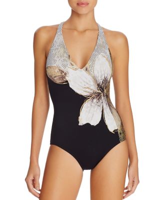 Carmen Marc Valvo Gilded Garden V-Neck One Piece Swimsuit