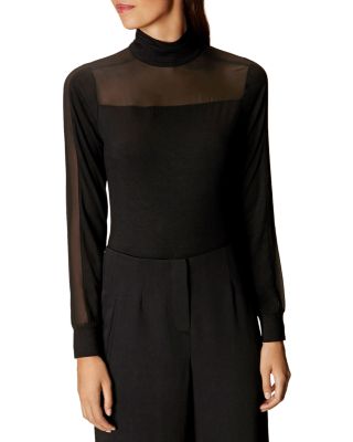 KAREN MILLEN Sheer-Yoke Turtleneck Top