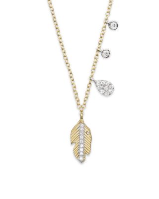 Meira T Meira T 14K White and Yellow Gold Feather Necklace with Diamonds, 16