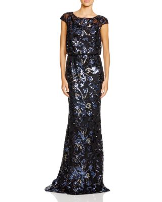 Badgley Mischka Cap Sleeve Sequin Blouson Gown