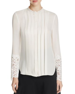 Elie Tahari Nicola Lace Trim Pleated Silk Blouse