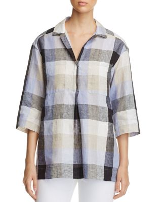 Lafayette 148 New York Yohanna Plaid Linen Blouse