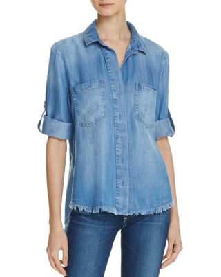 Bella Dahl Frayed Hem Split Back Chambray Shirt