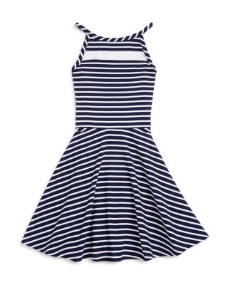 AQUA Girls' Stripe Mesh Yoke Skater Dress - Sizes S-XL