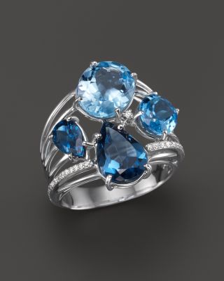 VIANNA BRASIL 18K White Gold Ring with Swiss Blue Topaz, London Blue Topaz and Diamond Accents