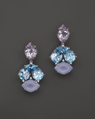 VIANNA BRASIL 18K White Gold Earrings with Blue Topaz, Chalcedony, Pink Amethyst and Diamond Accents