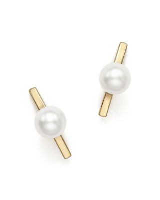 Zoë Chicco 14K Yellow Gold Curved Bar Earrings with Cultured Freshwater Pearls