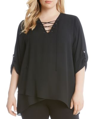 Karen Kane Plus Lace-Up Roll Sleeve Top