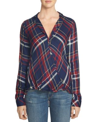 1.STATE Draped High/Low Plaid Top