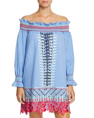 Red Carter Monroe Embroidered Chambray Off-the-Shoulder Dress Swim Cover Up