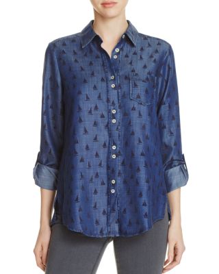 Foxcroft Zoey Sailboat Print Chambray Shirt