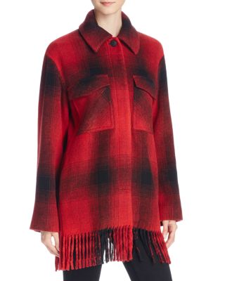 T by Alexander Wang Fringed Plaid Blanket Wool Blend Coat