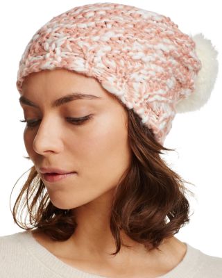 AQUA Ribbed Slouchy Hat with Rabbit Fur Pom-Pom - 100% Bloomingdale's Exclusive