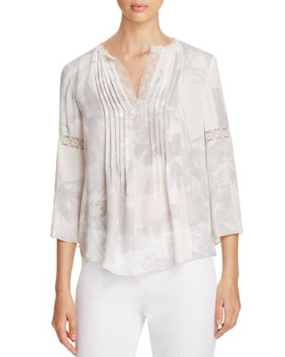 Elie Tahari Alita Lace Trim Floral Silk Blouse