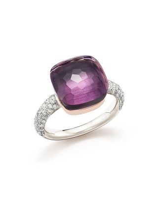 Pomellato Nudo Maxi Ring with Faceted Amethyst and Diamonds in 18K White and Rose Gold