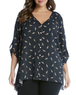 Karen Kane Plus Bee Print Roll Sleeve Blouse