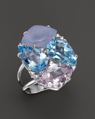 VIANNA BRASIL 18K White Gold Ring with Blue Topaz, Chalcedony, Pink Amethyst and Diamond Accents