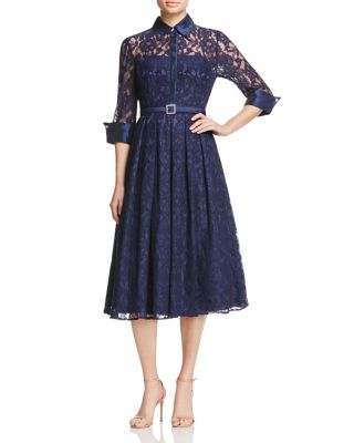 Eliza J Belted Lace Fit-and-Flare Dress