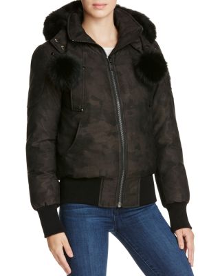 Moose Knuckles Camo Fur Trim Bomber Down Jacket